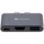 CANYON DS-1 Multiport Docking Station with 3 port, with Thunderbolt 3 Dual type C male port, 1*Thunderbolt 3 female+1*HDMI+1*USB3.0. Input 100-240V, Output USB-C PD100W&USB-A 5V/1A, Aluminium alloy, Space gray, 59*35.5*10mm, 0.028kg