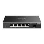Switch Omada Access 6-Port Gigabit, 5× Gigabit RJ45 ports (4× PoE+) and 1× Gigabit SFP slot, 63W total PoE budget pana la 30W pentru fiecare port* PoE+, putere maxima 53.5 VDC / 1.31 A, capacitate switch 12 Gbps