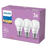 3 Becuri LED Philips A60, E27, 5.5W (40W), 470 lm, lumina calda (2700K), mat