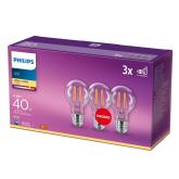 3 Becuri LED Philips Classic A60, EyeComfort, E27, 4.3W (40W), 470 lm, lumina calda (2700K), cu filament