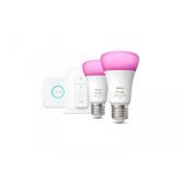 Pachet 2 Becuri LED RGB inteligente Philips Hue A60, Bluetooth, E27, 9W (75W), 1100 lm, lumina alba si color (2000-6500K) + Consola Hue Bridge + Intrerupator cu variator