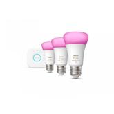 Pachet 3 Becuri LED RGB inteligente Philips Hue A60, Bluetooth, E27, 9W (75W), 1100 lm, lumina alba si color (2000-6500K) + Consola Hue Bridge
