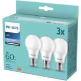 3 Becuri LED Philips A60, E27, 8W (60W), 806 lm, lumina rece (6500K), mat