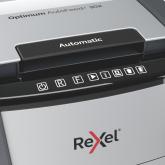 Distrugator automat documente Rexel OPTIMUM  90X ,  90 coli, P4, cross-cut (tip confeti), cos  34 litri, negru-gri, 