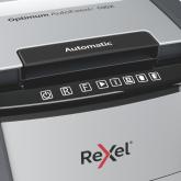 Distrugator automat documente Rexel OPTIMUM 100X , 100 coli, P4, cross-cut (tip confeti), cos  34 litri, negru-gri, 
