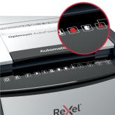 Distrugator automat documente Rexel OPTIMUM 100X , 100 coli, P4, cross-cut (tip confeti), cos  34 litri, negru-gri, 