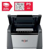 Distrugator automat documente Rexel OPTIMUM 225M , 225 coli, P5, micro-cut (tip particule), cos  60 litri, negru-gri, 