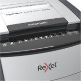 Distrugator automat documente Rexel OPTIMUM 600M , 600 coli, P5, micro-cut (tip particule), cos 110 litri, negru-gri, 