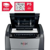 Distrugator automat documente Rexel OPTIMUM 600M , 600 coli, P5, micro-cut (tip particule), cos 110 litri, negru-gri, 