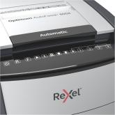 Distrugator automat documente Rexel OPTIMUM 600X , 600 coli, P4, cross-cut (tip confeti), cos 110 litri, negru-gri, 