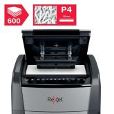 Distrugator automat documente Rexel OPTIMUM 600X , 600 coli, P4, cross-cut (tip confeti), cos 110 litri, negru-gri, 