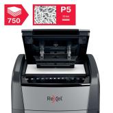 Distrugator automat documente Rexel OPTIMUM 750M , 750 coli, P5, micro-cut (tip particule), cos 140 litri, negru-gri, 