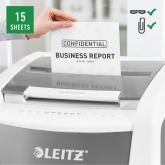Distrugator automat documente Leitz IQ Office , 600 coli, P4, cross-cut (tip confeti), cos 110 litri, alb-gri, Leitz 