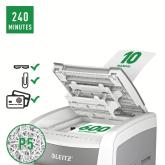 Distrugator automat documente Leitz IQ Office , 600 coli, P5, micro-cut (tip particule), cos 110 litri, alb-gri, Leitz 