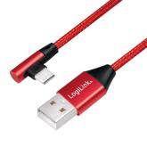 CABLU alimentare si date LOGILINK, pt. smartphone, USB 2.0 (T) la USB 2.0 Type-C (T) la 90 grade, 0.3m, premium, cablu cu impletire din bumbac, rosu, 