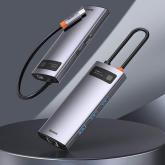 DOCKING Station Baseus Metal Gleam, conectare PC USB Type-C, USB 3.0 x 3, RJ-45 Gigabit LAN x 1, USB Type C x 1 PD 100W 5V / 9V / 14.5V / 20V 5A (Max.), HDMI x 1/4K/30Hz, LED, gri 