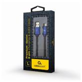 CABLU alimentare si date GEMBIRD, pt. smartphone, USB 2.0 (T) la Lightning (T), 1m, premium, conectori auriti, cablu cu impletire din bumbac, negru cu insertii galbene (Jeans model), conetori albastri, 