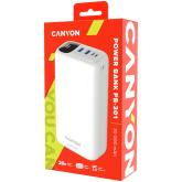 CANYON PB - 301, Power bank 30000mAh Li-poly battery, Input Micro: DC5V/2A, 9V/2A Input Type c PD ： DC5V/3A, 9V/2A， Output Type C  PD:5V/3A,9V/2.2A,12V/1.5AOutput USB A1+USBA 2 : 5V3A,5V/4.5A,4.5V/5A,9V2A,12V1.5A,22.5W quick charging cable 0.3m, 1
