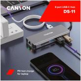 CANYON DS-11, 9 in 1 USB C hub, with 1*HDMI: 4K*30Hz,1*Gigabit Ethernet,, 1*Type-C PD charging port, Max 100W PD input. 2*USB3.0,transfer speed up to 5Gbps. 1*USB 2.0, 1*SD, 1*3.5mm audio jack, cable 18cm, Aluminum alloy housing115*46*15 mm, 88.5g, Dark g