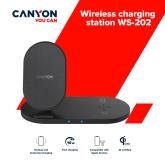 CANYON WS-202 2in1 Wireless charger, Input 5V/3A, 9V/2.67A, Output 10W/7.5W/5W, Type c cable length 1.2m, PC+ABS,with PU part ,180*86*111.1mm, 0.185Kg,Black