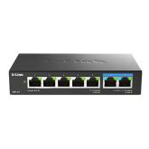 D-Link switch DMS-107, 7 porturi, Standarde si protocoale: IEEE 802.3 10BASE-T,  IEEE 802.3u 100BASE-TX,  IEEE 802.3ab 1000BASE-T,  IEEE 802.3bz 2.5GBASE-T5 porturi Gigabit, 2 porturi 2.5Gbps,  Capacitate 20 Gbps, fara ventilator, carcasa metal, dimensiun