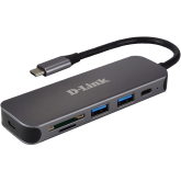 HUB extern D-LINK, porturi 2 x  SuperSpeed USB 3.0, 1 x USB-C (Thunderbolt 3) port with data sync, Dual-Slot SD/microSD/SDHC/SDXC Card Reader, conectare prin USB Type C, cablu 10 cm, metalic, argintiu 