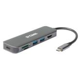 HUB extern D-LINK, porturi 2 x SuperSpeed USB 3.0, 1 x USB-C with data sync & power delivery up to 60W, 1 x HDMI 4k,Dual-Slot SD/microSD/SDHC/SDXC Card Reader, conectare prin USB Type C, cablu 10 cm, metalic, argintiu 