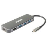 HUB extern D-LINK, porturi 3 x SuperSpeed USB 3.0, 1 x USB-C with data sync & power delivery up to 60W, 1 x HDMI 4k,Dual-Slot SD/microSD/SDHC/SDXC Card Reader, conectare prin USB Type C, cablu 10 cm, metalic, argintiu 