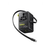 INCARCATOR retea Baseus EnerCore CG11, 70W, adaptor universal de retea, 2 x AC, 2 x USB, 2 x USB Type-C, cablu retractabil USB Type-C, negru 