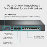 TP-LINK Omada Router VPN Multi-WAN cu Porturi 10G, ER8411, Interfata: 2× Porturi 10GE SFP+ (1× WAN, 1× WAN/LAN), 1× Port WAN/LAN SFP Gigabit, 8× Porturi WAN/LAN RJ45 Gigabit,  1× Port RJ45 pe console, 2× Porturi USB 3.0, Memorie ram: 4 GB DDR4, Flash: 4MB