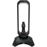 Gaming 3 in 1 Headset stand, Bungee and USB 2.0 hub, 2 USB hub, 1.5m standard USB to USB 5mm PVC cable, Weighted design with non-slip grip, Touch switch to control LED light, Black, size:126*126*251mm, 383g
