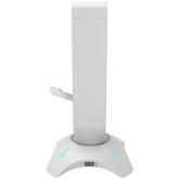 Gaming 3 in 1 Headset stand, Bungee and USB 2.0 hub, 2 USB hub, 1.5m standard USB to USB 5mm PVC cable, Weighted design with non-slip grip, Touch switch to control LED light, Pearl white, size:126*126*251mm, 383g
