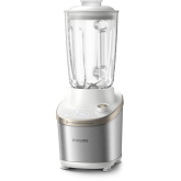 Blender de mare viteza Philips HR3760/01, 1500 W, vas de sticla capacitate 2 l, corp din metal alb, 4 lame zimțate, setari de viteza variabila, presetare si funcție impuls, ecran LED si buton, alb