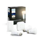 Pachet 3 Becuri LED inteligente Philips Hue A60, Bluetooth, E27, 9W (60W), 806 lm, lumina calda (2700K) + Consola Hue Bridge + Intrerupator cu variator