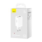 INCARCATOR retea Baseus, GaN5 Pro Fast Charger 65W, 2 x USB Type-C 5V/3A, 1 x USB 5V/3A, cablu fast charging Type-C la Type-C 1m inclus, alb 