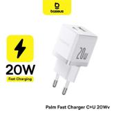 INCARCATOR retea Baseus Palm, Quick Charge 20W, 1 x USB, 1 x USB Type-C 5V/3.0A, include cablu USB Type-C la USB Type-C 1m, alb 
