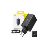 INCARCATOR RETEA Baseus GaN6 Pro, Quick Charge 65W, 2 x USB Type-C Output 5V/3A, 2 x USB (include cablu USB Type-C la USB Type-C de 100W), negru 