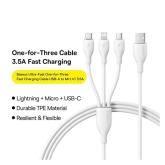 CABLU alimentare si date Baseus Ultra-Fast One-for-three Retractable, pt smartphone,USB  la Micro-USB+Lightning+USB Type-C 3.5A, 1.3m, alb 