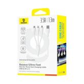 CABLU alimentare si date Baseus Ultra-Fast One-for-three Retractable, pt smartphone,USB  la Micro-USB+Lightning+USB Type-C 3.5A, 1.3m, alb 