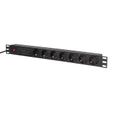 PDU LOGILINK 1U pt. rack 19 inch, 7 prize Schuko, intrare Schuko, max 16 A, ON/OFF, prot. suprasarcina, filtru de linie, IP20, 2 m, negru, 