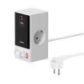 INCARCATOR RETEA Baseus PowerCombo Powerstrip, QC 65W, 2xAC, 2 x cablu integrat retractabil USB Type-C Output 5V/3A, 1xUSB, 1.5m, alb 
