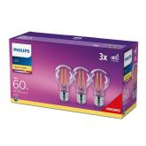 3 Becuri LED Philips Classic A60, EyeComfort, E27, 7W (60W), 806 lm, lumina calda (2700K), cu filament