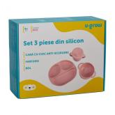 Set diversificare 3 piese silicon : bol , farfurie si cana cu cioc, roz, U-Grow