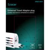 ADAPTOR universal SPACER, pt. calatorii, Schuko x 1, conectare Socket Universal (T), USB x 2,   10 A, alb, 