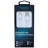 CABLU alimentare si date SPACER, pt. smartphone, USB 2.0 (T) la Lightning (T), PVC,,Retail pack, 1m, White,&nbsp; 