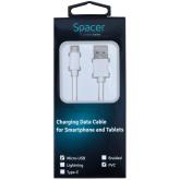 CABLU alimentare si date SPACER, pt. smartphone, USB 2.0 (T) la Micro-USB 2.0 (T), PVC, Retail pack, 1.8m, White,&nbsp; 