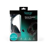 Casti Spacer, cu fir, standard, utilizare multimedia, microfon pe brat, conectare prin adaptor USB 2.0 sau Jack 3.5 mm x 2, negru