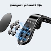 Suport auto Spacer pentru smartPhone, fixare in grilaj bord, prindere magnetica telefon 360 grade, negru