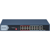 Switch PoE Hikvision DS-3E0318P-E/M(C): 16 × 10/100 Mbps PoE port,1× Gigabit RJ45 port,1 × Gigabit combo, 16 porturi PoE maxim 30W, buget PoE 130W, tensiune alimentare 100~240 V AC, 50/60 Hz, Max. 2.5 A., dimensiuni: 335.0 mm × 44.5 mm × 175.8 mm, greutat