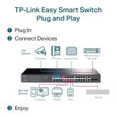 TP-LINK 28-Port Gigabit Easy Smart Switch with 24-Port PoE+, Standarde și Protocoale: IEEE 802.3, IEEE 802.3u, IEEE 802.3ab, IEEE 802.3x, IEEE 802.3af, IEEE 802.3at, IEEE 802.1q, IEEE 802.1p, Interfață: 26 10/100/1000 Mbps RJ45 Ports, 2 Gigabit SFP Ports,